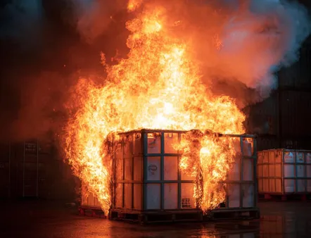 Brandversuch mit Kunststoff-IBCs: Unter Hitzeeinwirkung schmelzen die Behälter, Gefahrstoffe treten unkontrolliert aus, ein erhebliches Risiko für Mensch, Umwelt und Betrieb, Bild: Schäfer Werke Brandschutz: Brandversuch mit Kunststoff-IBCs - unter Hitzeeinwirkung schmelzen die Behälter, Gefahrstoffe treten unkontrolliert aus, ein erhebliches Risiko für Mensch, Umwelt und Betrieb.